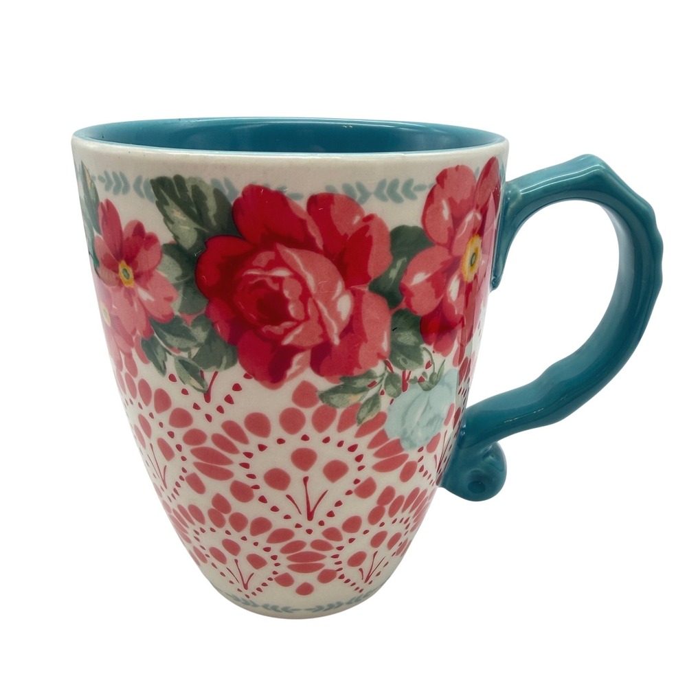 The Pioneer Woman Heritage Floral Stoneware jumbo coffee Mug latte Teal Red Rose